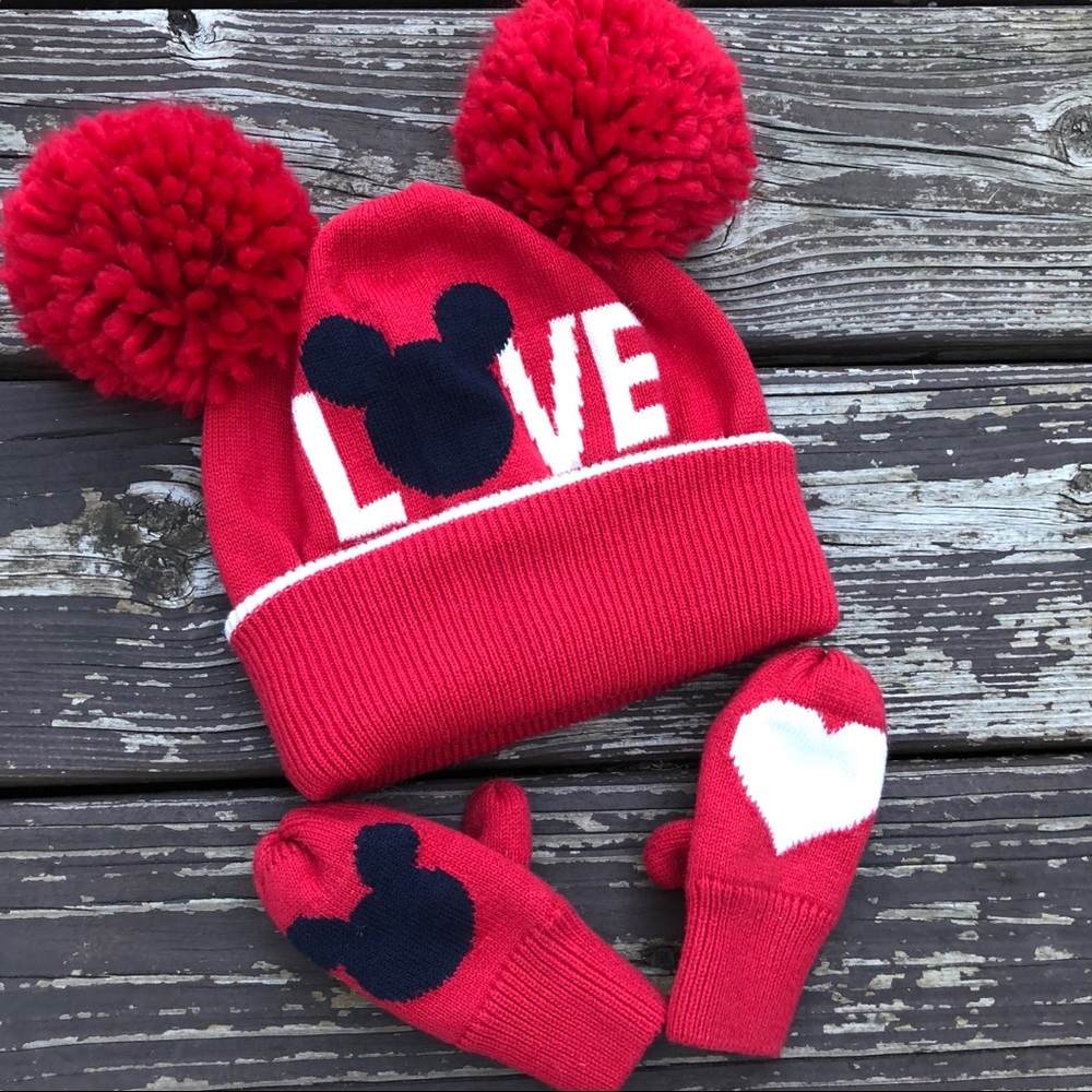 Like New Gap Mickey Pompom Hat and Mittens Set